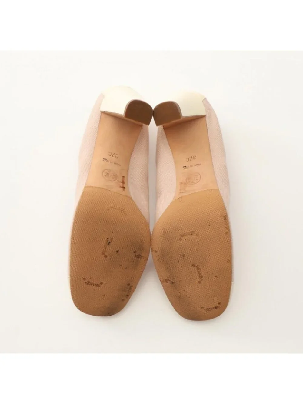 Chanel Pumps CC Logo Ribbon Pink Canvas Leather Heel